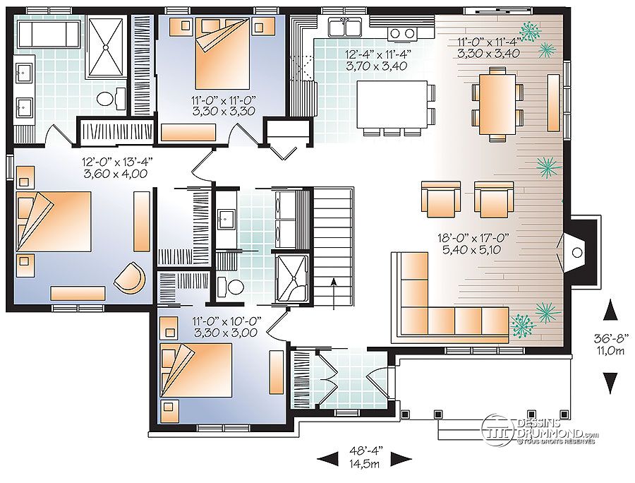 plan de maison à 3 chambres