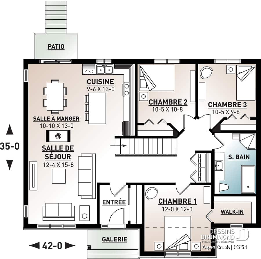 Plan de plancher de plain-pied 3 chambres au même niveau, ainsi qu'une grande cuisine, foyer et salon