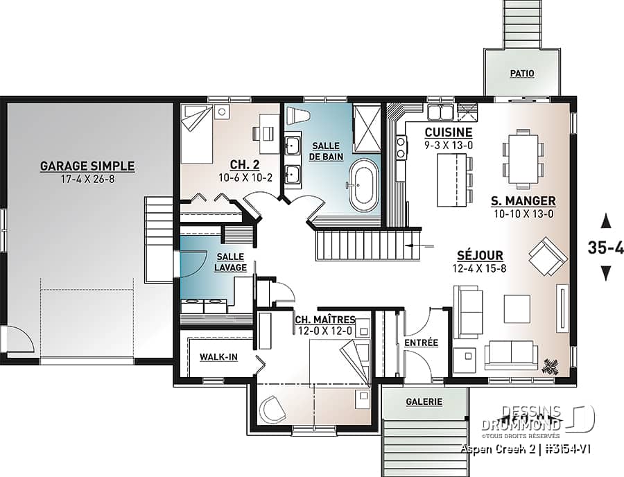 Plan de plancher d'un plain-pied proposant 2 chambres, une grande salle de lavage, grande salle de bain familiale avec grande douche, aire ouverte à la cuisine, salle à manger et salon ainsi qu'un garage simple.