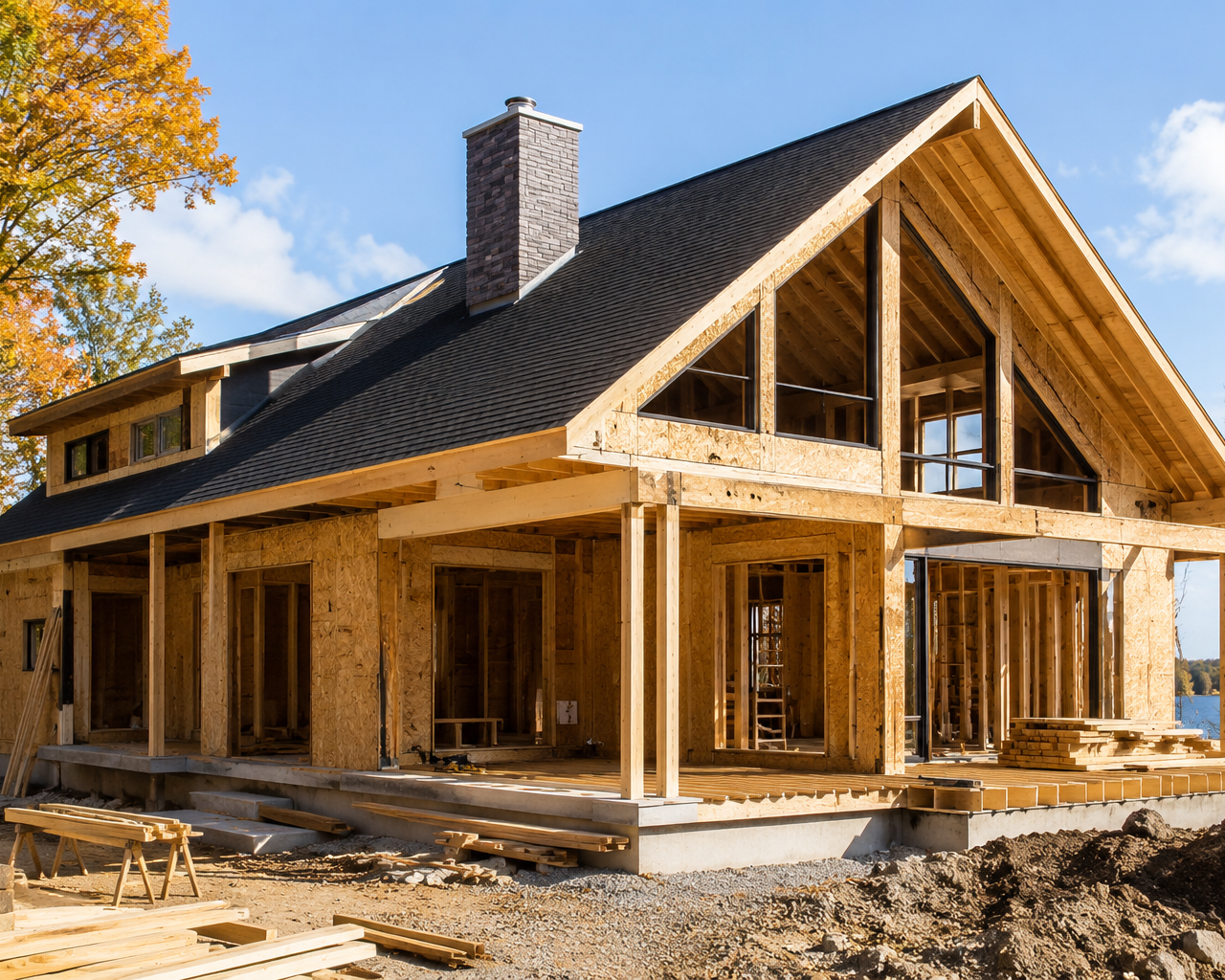 Maison neuve en construction à l’étape de la charpente
