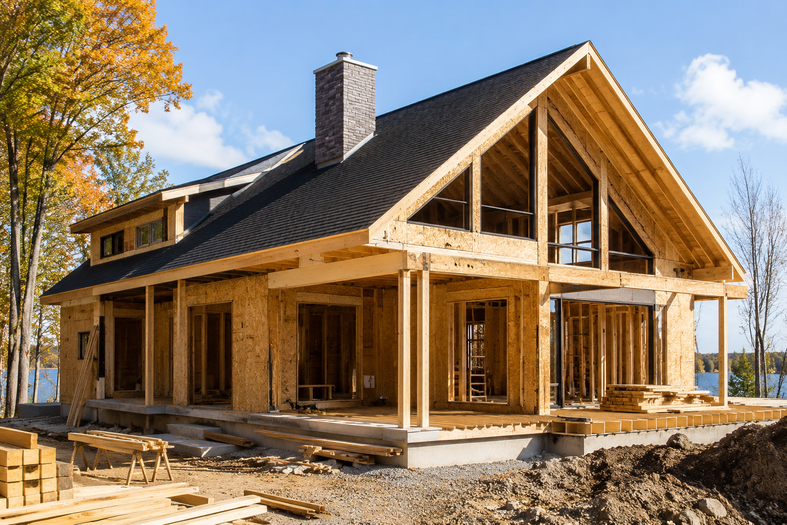 Maison neuve en construction à l’étape de la charpente