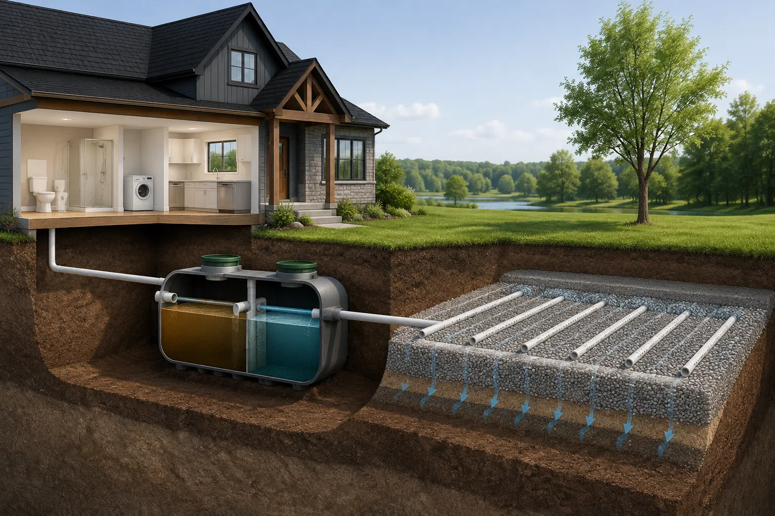 Schéma d’une installation septique résidentielle avec fosse septique et champ d’épuration