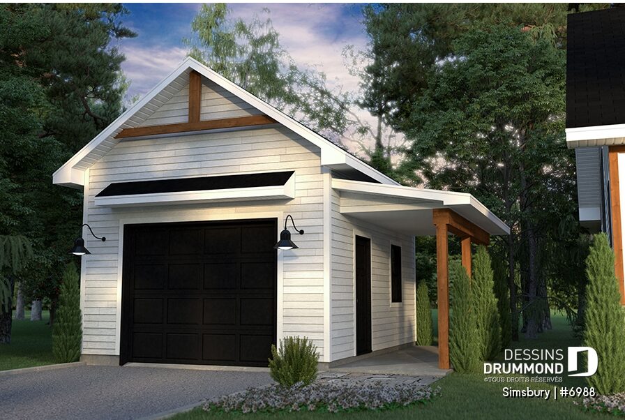 plan de garage simple farmhouse 6988 avec appentis de rangement et design compact pour projet résidentiel