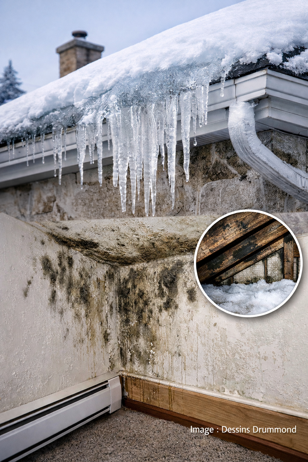 Glaçons sur une toiture en hiver causés par une mauvaise isolation, pouvant entraîner des infiltrations d’eau et des moisissures dans la maison