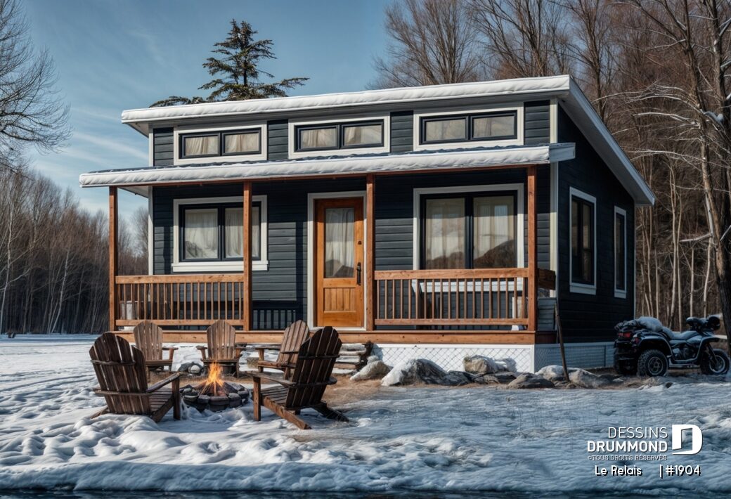 plan de chalet Le Relais 1904 sur pieux vissés adapté aux terrains en pente avec fondations alternatives disponibles