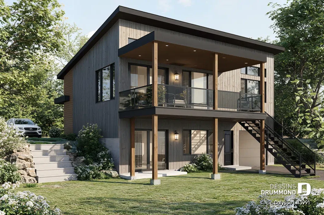 plan de maison Calypso 3991 avec rez-de-jardin sur terrain en pente et sous-sol aménagé avec accès extérieur