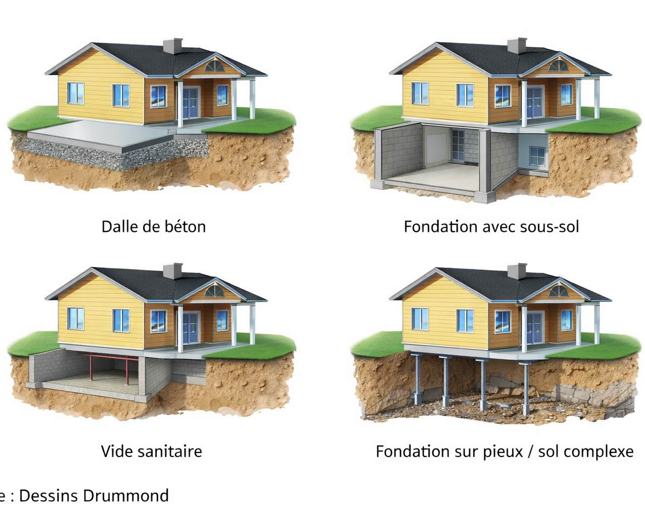 Illustration des types de fondations de maison incluant dalle de béton, sous-sol, vide sanitaire et fondation sur pieux selon différents types de terrain
