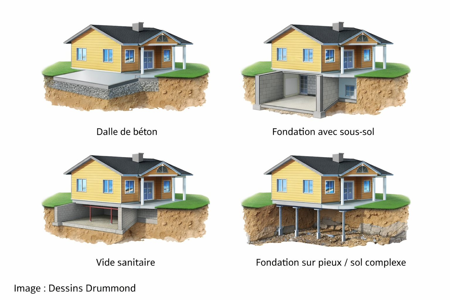 Illustration des types de fondations de maison incluant dalle de béton, sous-sol, vide sanitaire et fondation sur pieux selon différents types de terrain