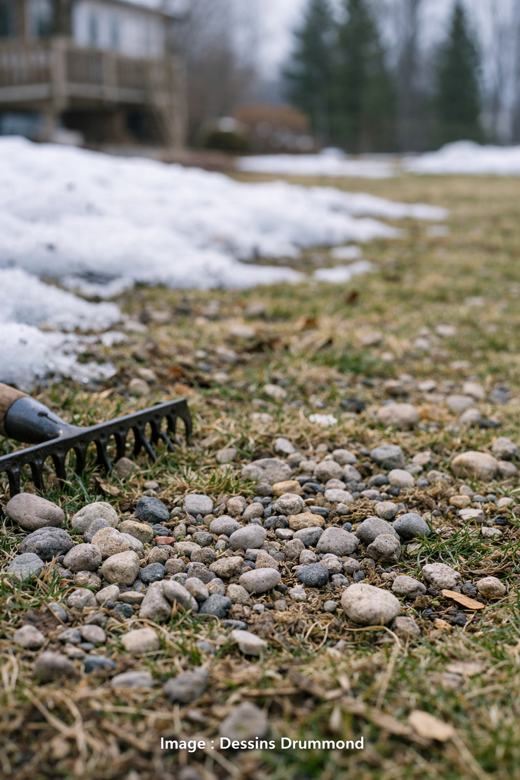 Petites roches sur une pelouse au printemps avec râteau pour enlever les roches sur un terrain