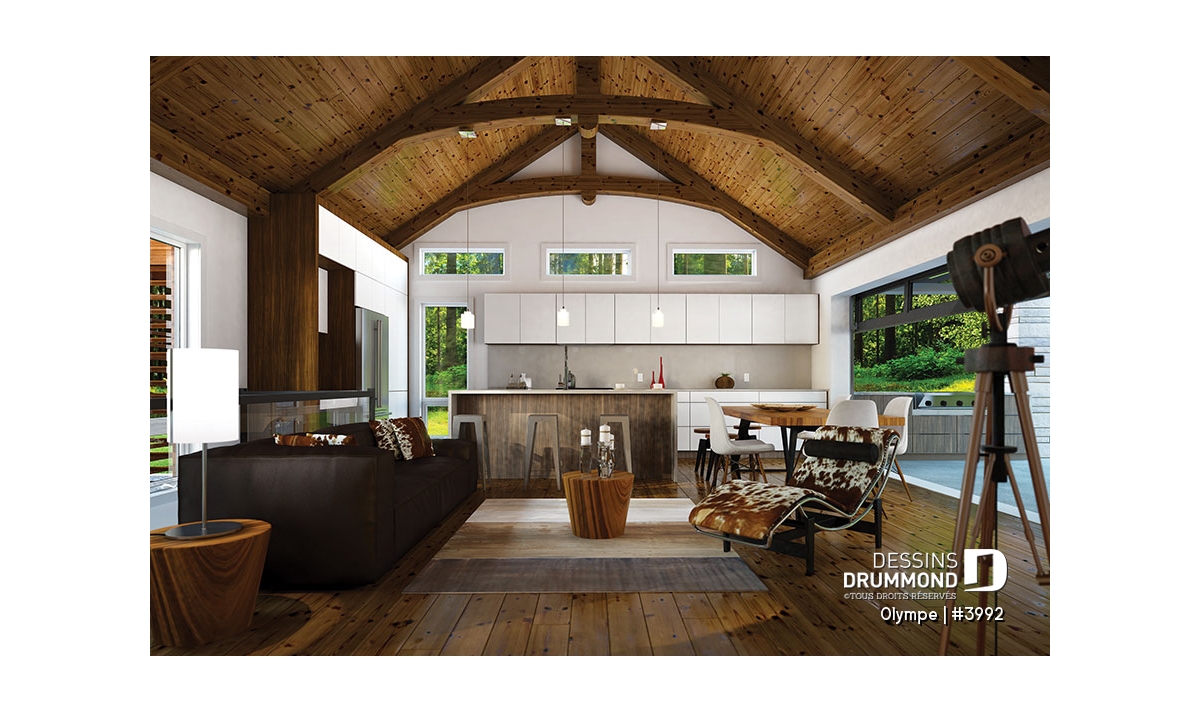 Salon lumineux avec plafond cathédrale et poutres apparentes en bois – plan de maison Olympe 3992