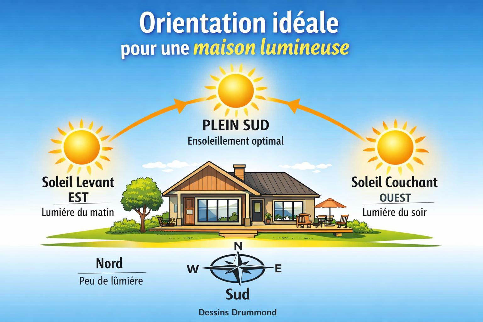 Schéma orientation idéale maison avec soleil est sud ouest pour maximiser la lumière naturelle et l’ensoleillement