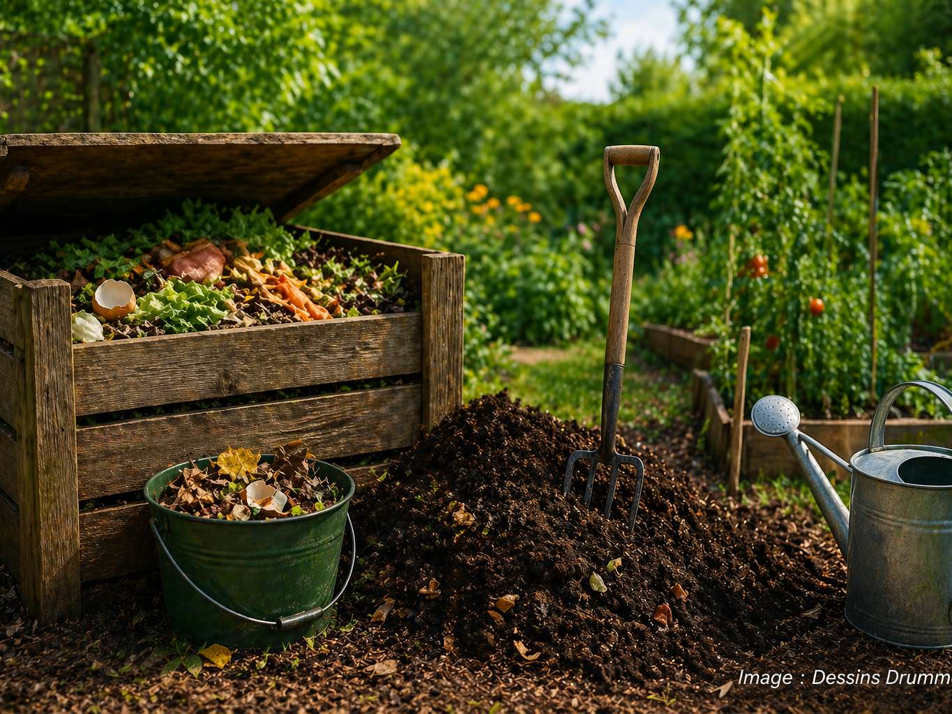 Compost maison dans un jardin naturel avec ambiance écologique et apaisante