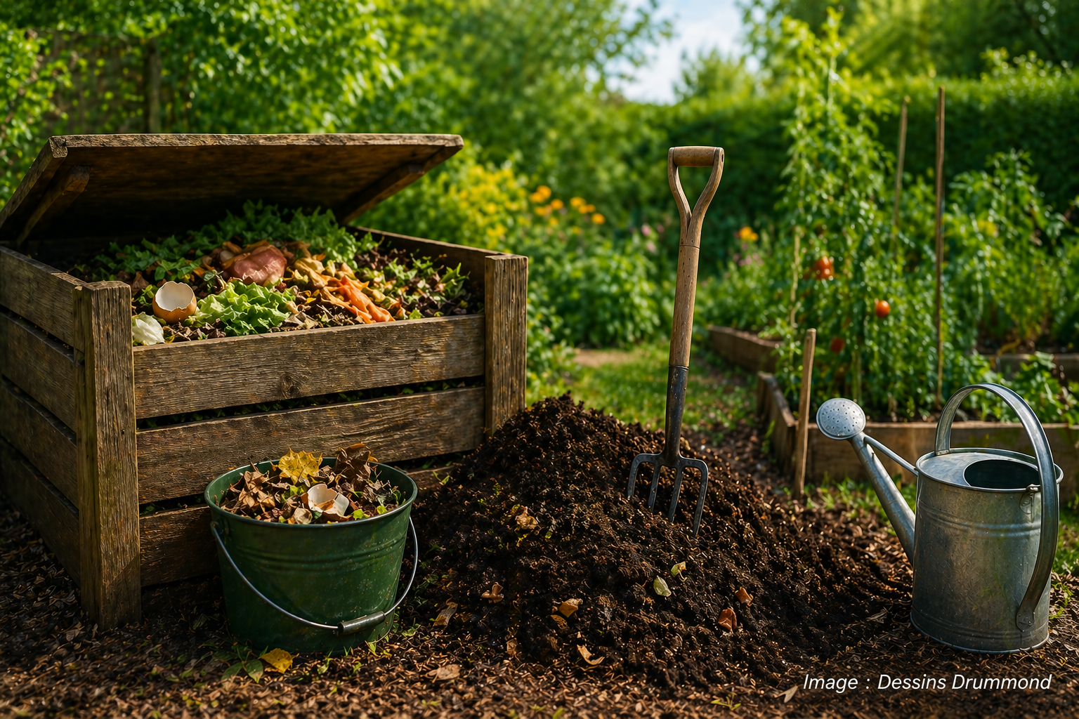 Compost maison dans un jardin naturel avec ambiance écologique et apaisante