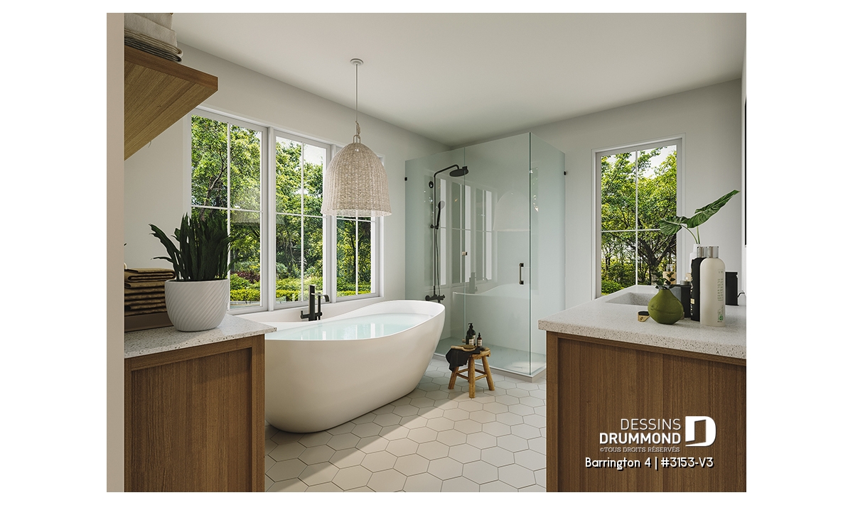 Pomme de douche à faible consommation dans une salle de bain moderne du plan Barrington 4 avec design contemporain