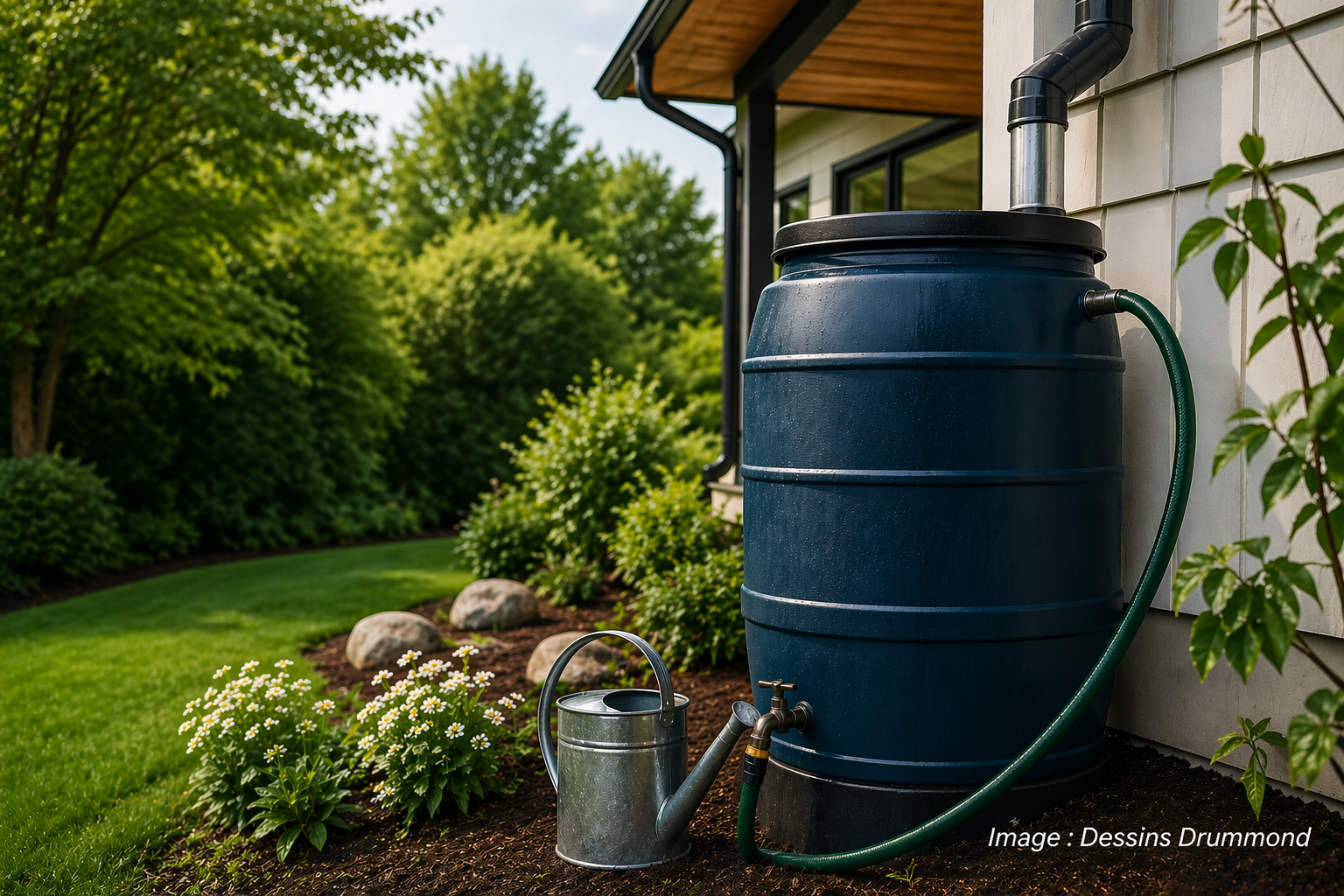 Jardin naturel avec récupération d’eau de pluie dans une ambiance écologique et apaisante
