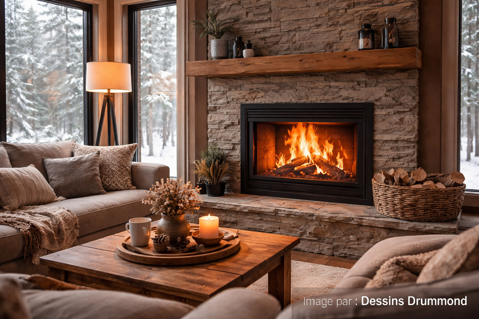 Salon chaleureux avec foyer au bois à haute efficacité intégré dans un mur de pierre, ambiance conviviale et confortable