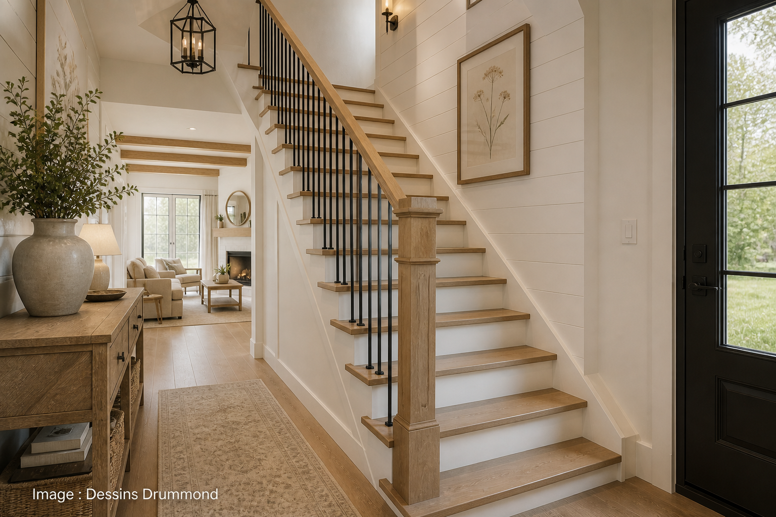 Escalier intérieur farmhouse chic avec marches larges, contremarches confortables, garde-corps noir et foyer lumineux au design résidentiel optimisé