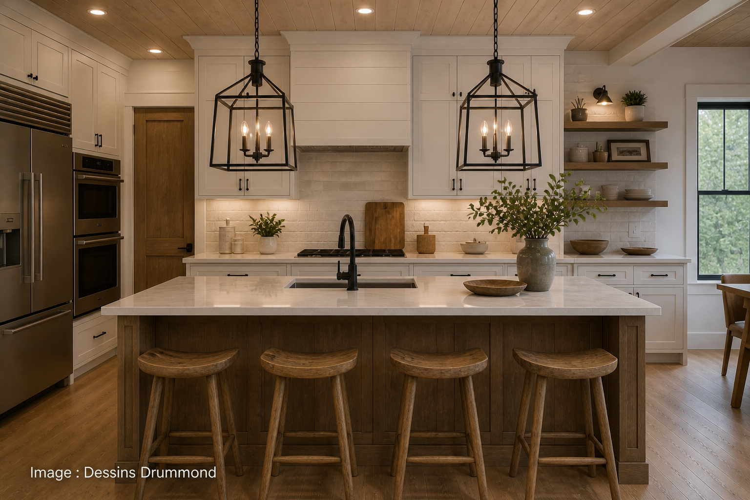 Grande cuisine farmhouse chic avec îlot central spacieux, luminaires rustiques modernes, rangement optimisé et aménagement résidentiel haut de gamme
