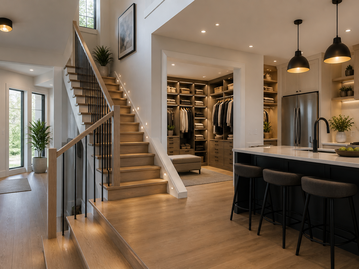 Intérieur moderne lumineux avec escalier résidentiel, îlot de cuisine, garde-robes optimisées et aménagement fonctionnel selon les meilleures pratiques de construction résidentielle au Québec