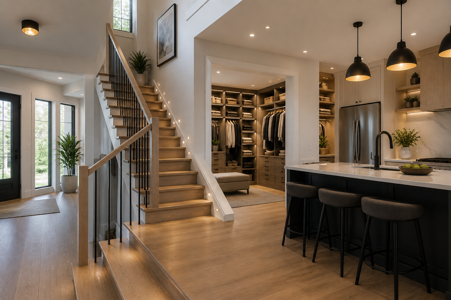 Intérieur moderne lumineux avec escalier résidentiel, îlot de cuisine, garde-robes optimisées et aménagement fonctionnel selon les meilleures pratiques de construction résidentielle au Québec