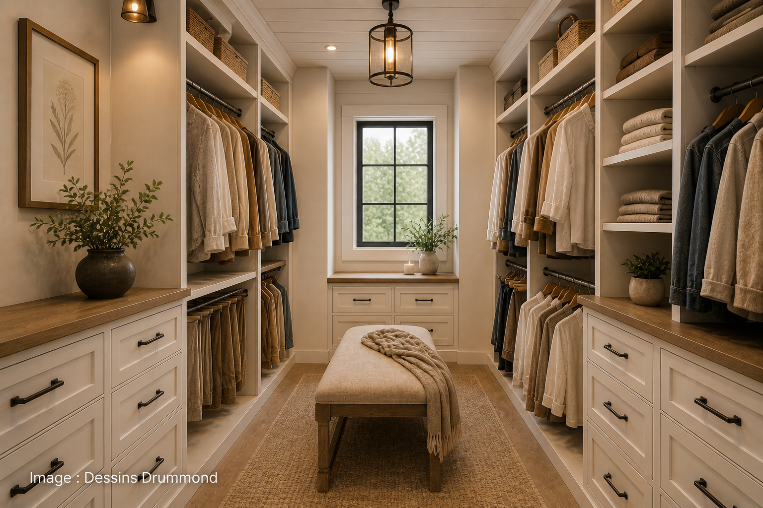 Walk-in farmhouse chic lumineux avec rangement sur mesure, mobilier intégré, penderies fonctionnelles et ambiance chaleureuse au style résidentiel raffiné