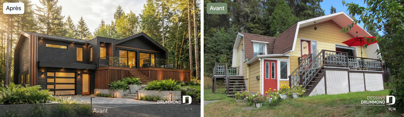 Avant et après d'un agrandissement majeur ayant transformé un petit chalet en résidence moderne avec garage, terrasse et grandes fenêtres