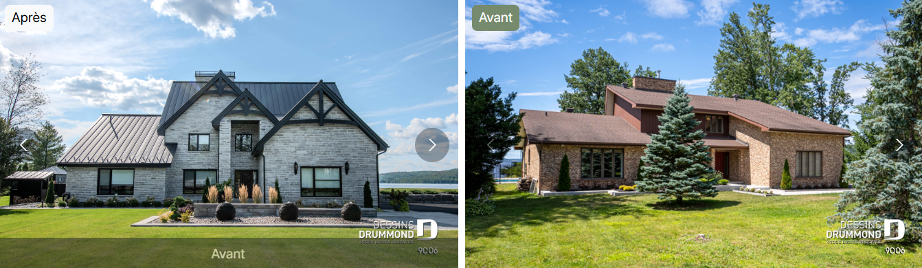 Avant et après d'une rénovation extérieure majeure ayant transformé une maison traditionnelle en résidence haut de gamme au style contemporain