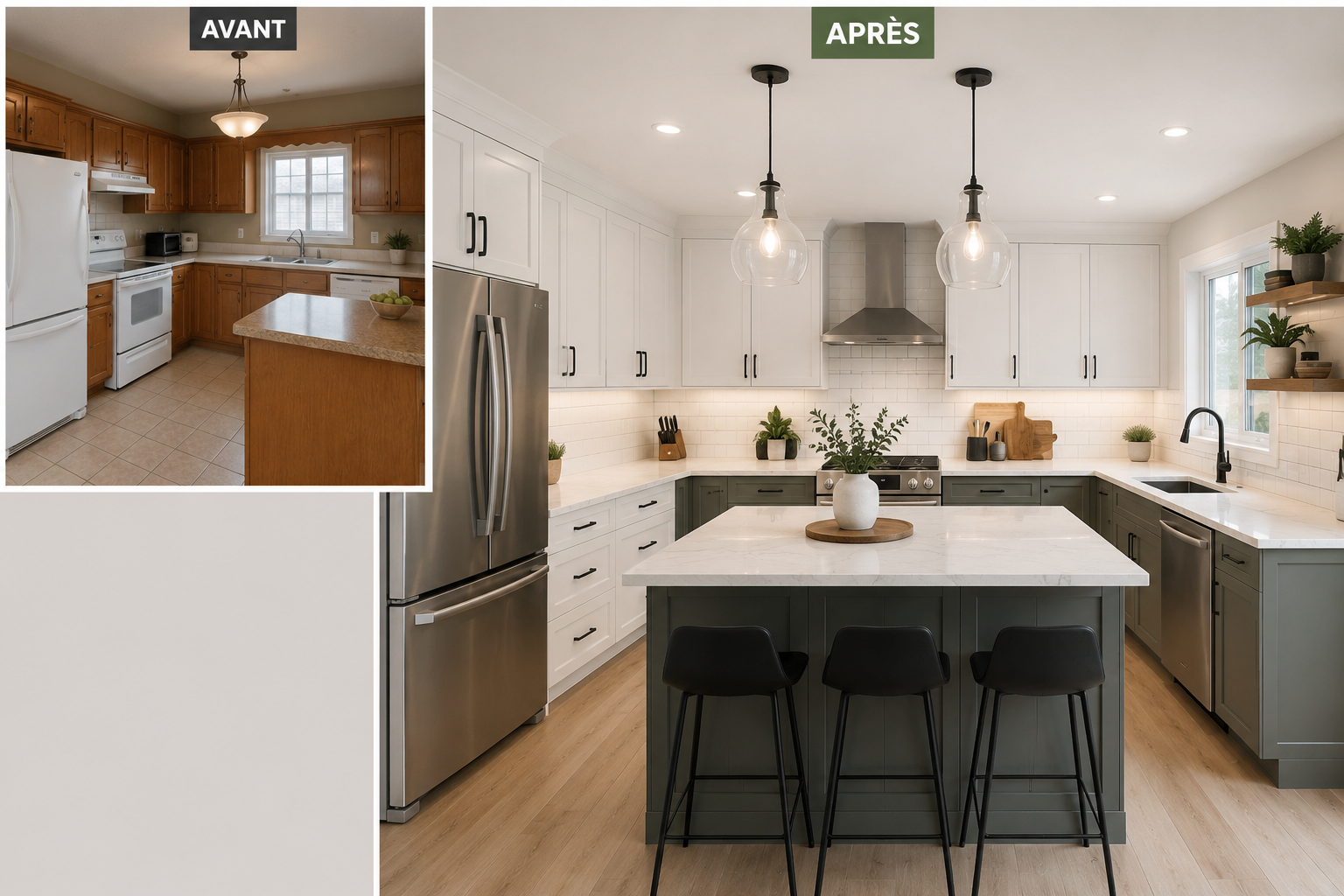 Avant et après d'une rénovation complète de cuisine ayant transformé un espace daté en cuisine moderne avec îlot central et rangement optimisé