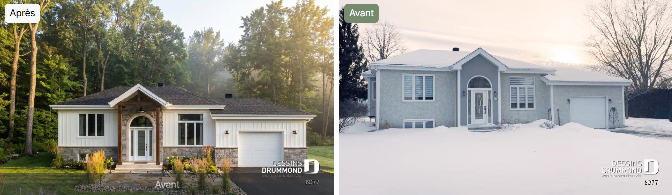 Avant et après d'une rénovation complète de façade ayant modernisé une maison plain-pied et augmenté son attrait visuel