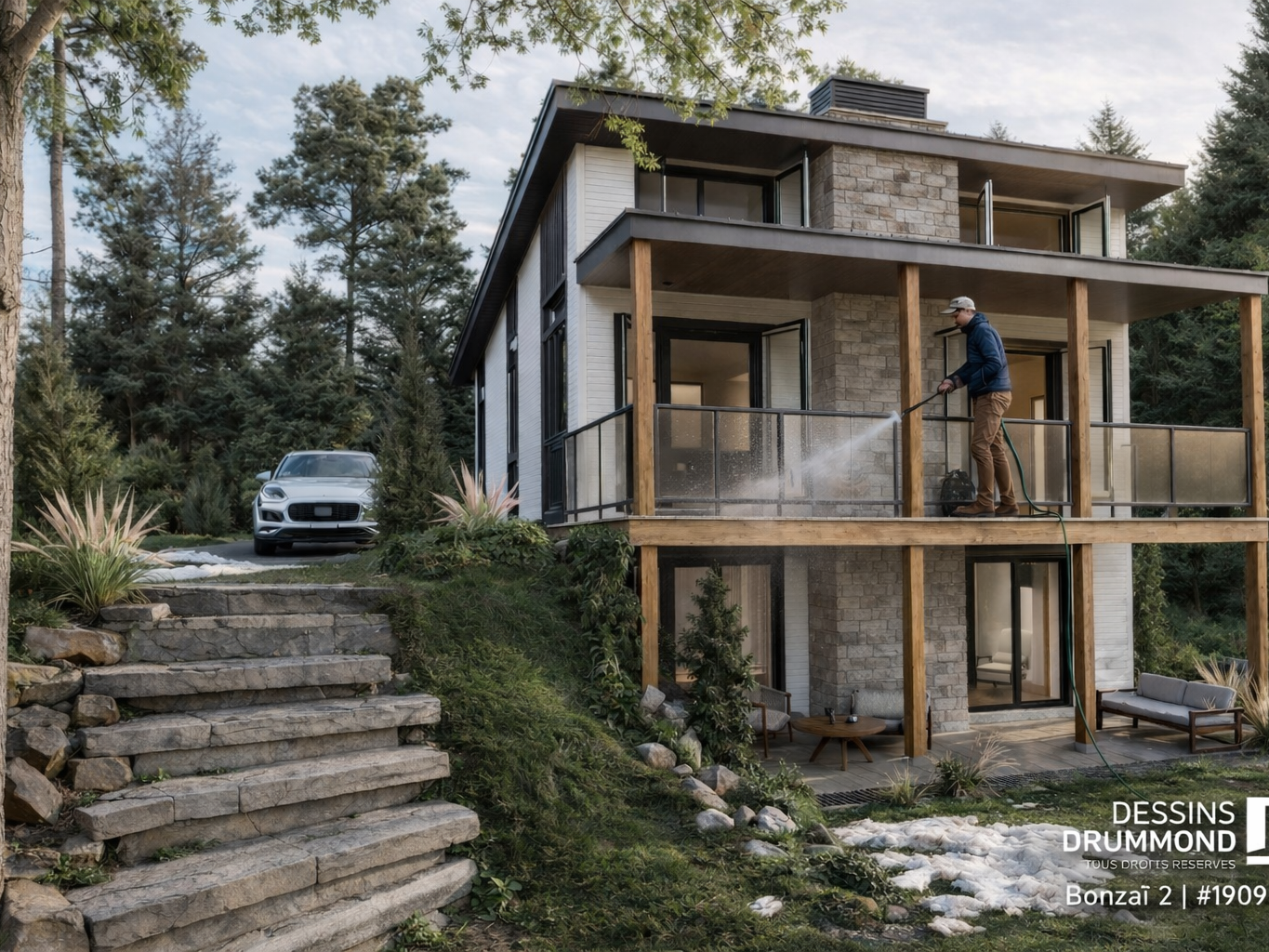 Chalet Bonzai 2 1909-V1 au printemps avec fenêtres ouvertes et nettoyage extérieur en cours