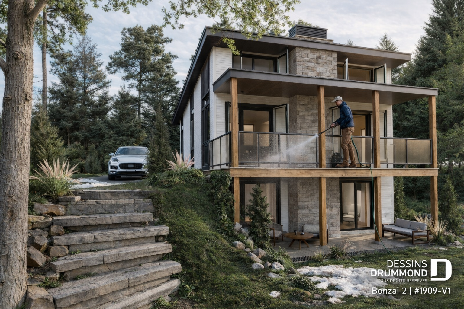 Chalet Bonzai 2 1909-V1 au printemps avec fenêtres ouvertes et nettoyage extérieur en cours