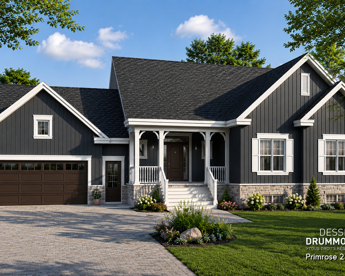 Plan de maison plain-pied de 6 chambres avec garage double, sous-sol aménagé et architecture Craftsman moderne – Primrose 2