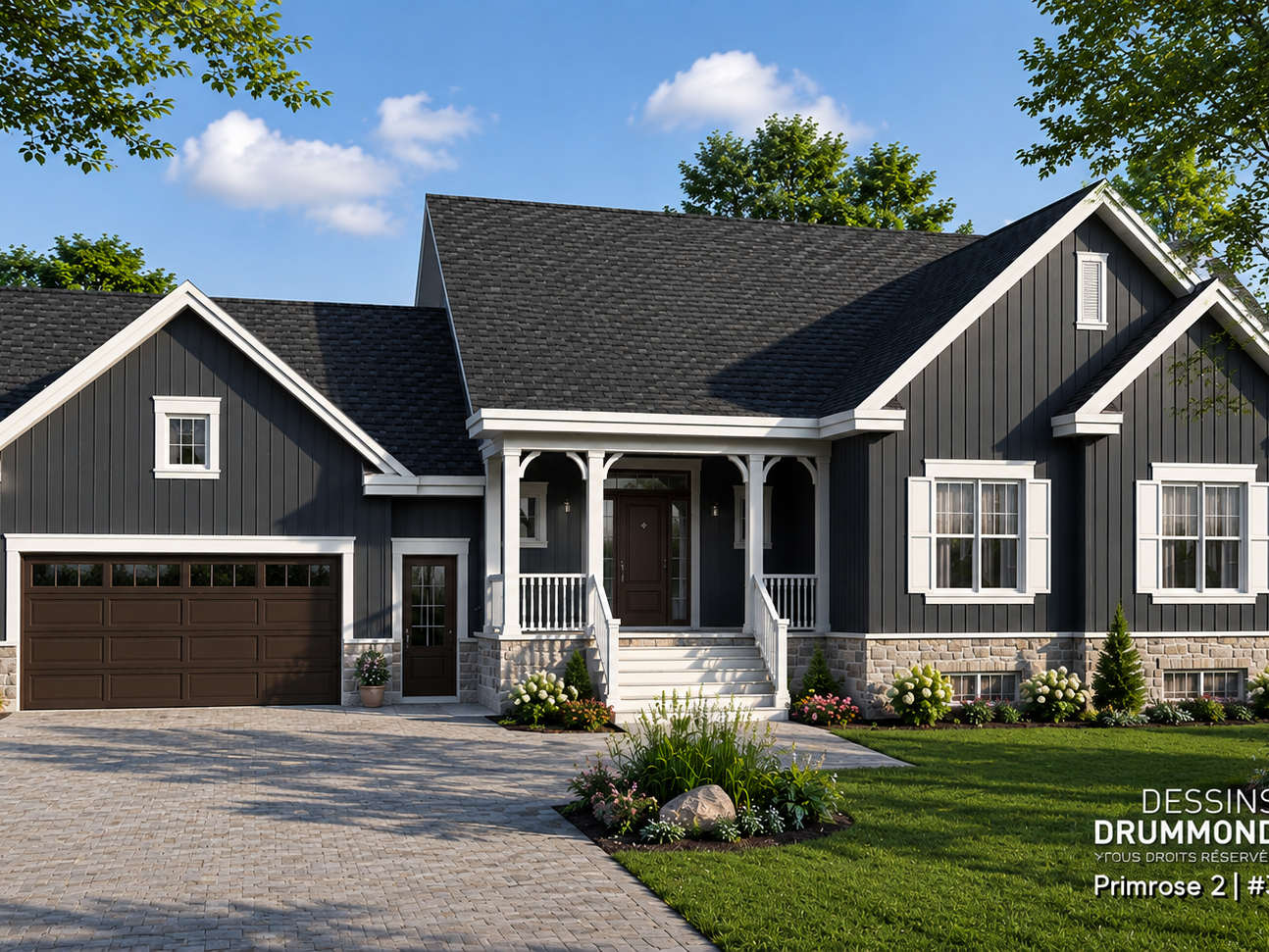 Plan de maison plain-pied de 6 chambres avec garage double, sous-sol am&eacute;nag&eacute; et architecture Craftsman moderne &ndash; Primrose 2