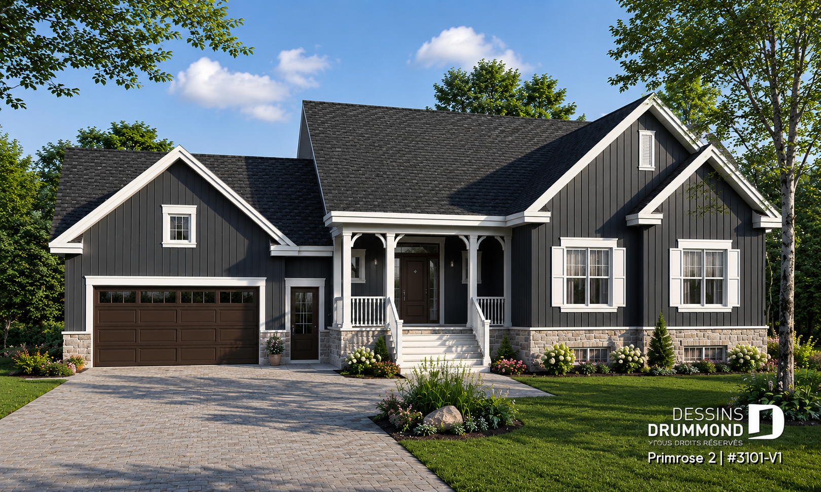 Plan de maison plain-pied de 6 chambres avec garage double, sous-sol aménagé et architecture Craftsman moderne – Primrose 2