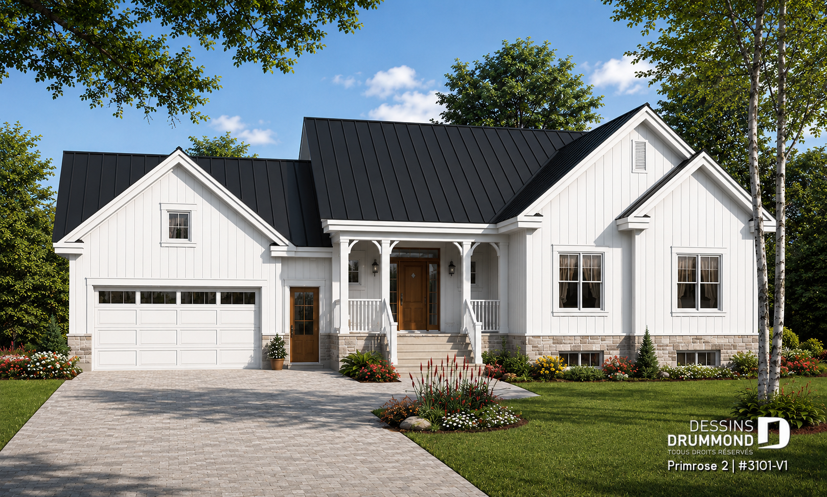 Plan de maison plain-pied Primrose 2 avec 6 chambres, garage double, revêtement blanc, pierre et toiture de tôle noire