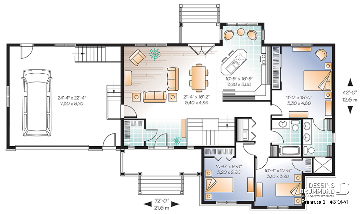 Plan du rez-de-chaussée du Primrose 2 avec 3 chambres, garage double, aire ouverte, suite principale et salle de lavage