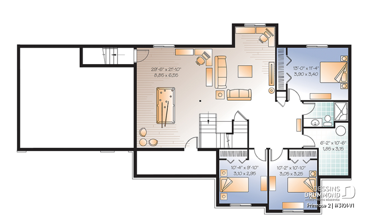 Plan du sous-sol aménagé du Primrose 2 avec 3 chambres, salle familiale, salle de bain complète et espaces de rangement