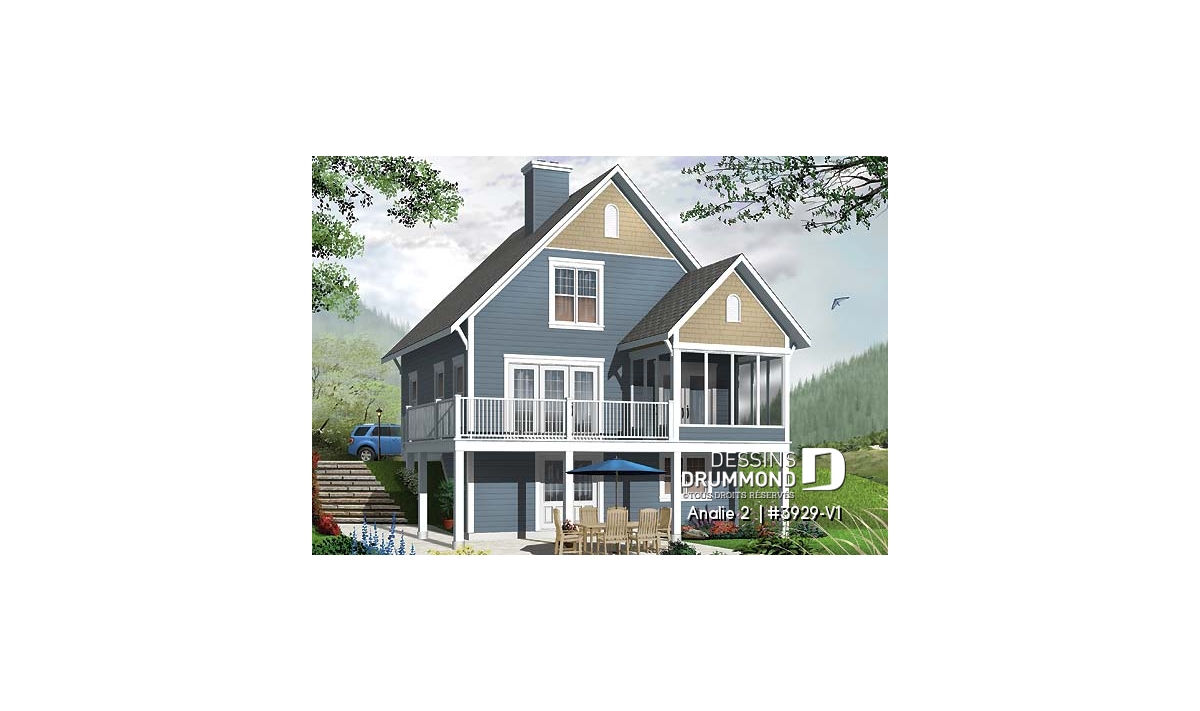 Plan de chalet avec vue panoramique Analie 2 3929-V1 vue arrière avec terrasse, abri moustiquaire et rez-de-jardin aménageable