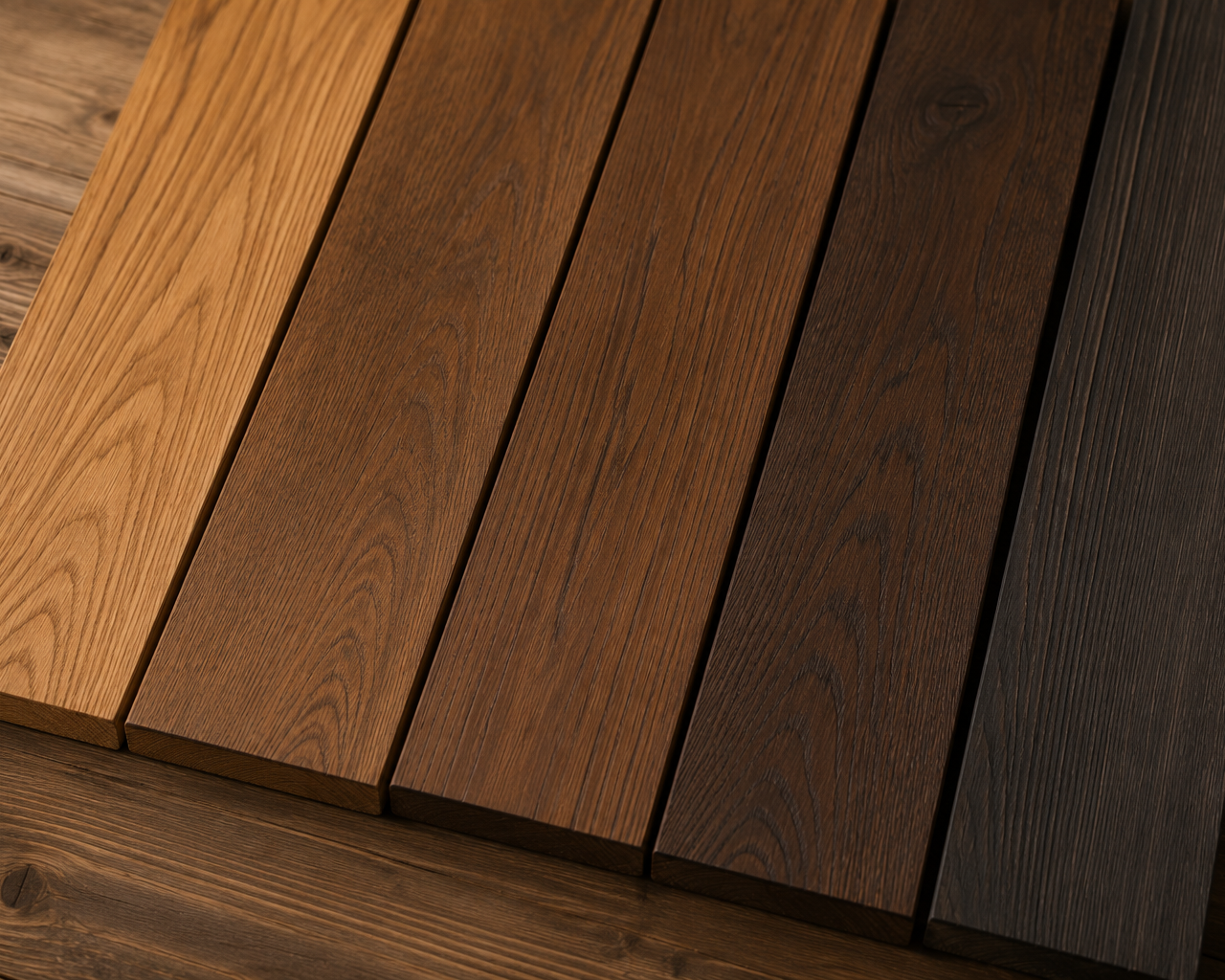 Planches de bois torréfié présentant différentes teintes du brun doré au brun foncé