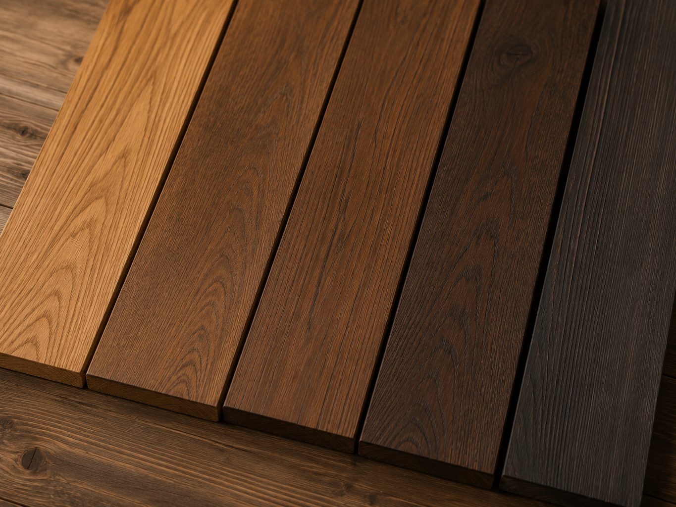 Planches de bois torréfié présentant différentes teintes du brun doré au brun foncé