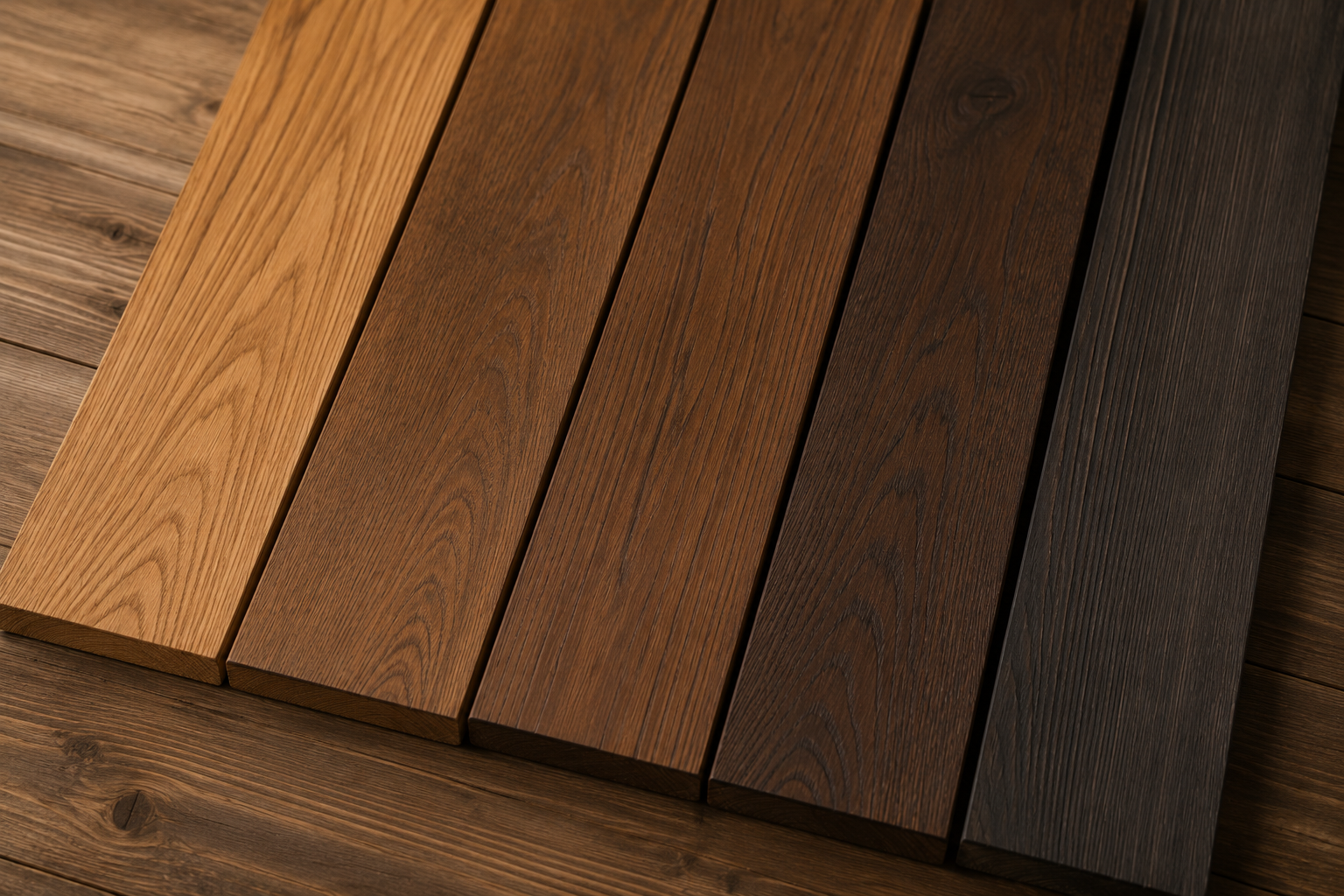 Planches de bois torréfié présentant différentes teintes du brun doré au brun foncé