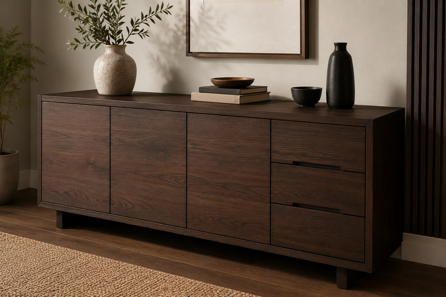 Buffet contemporain en bois torréfié aux teintes brunes profondes