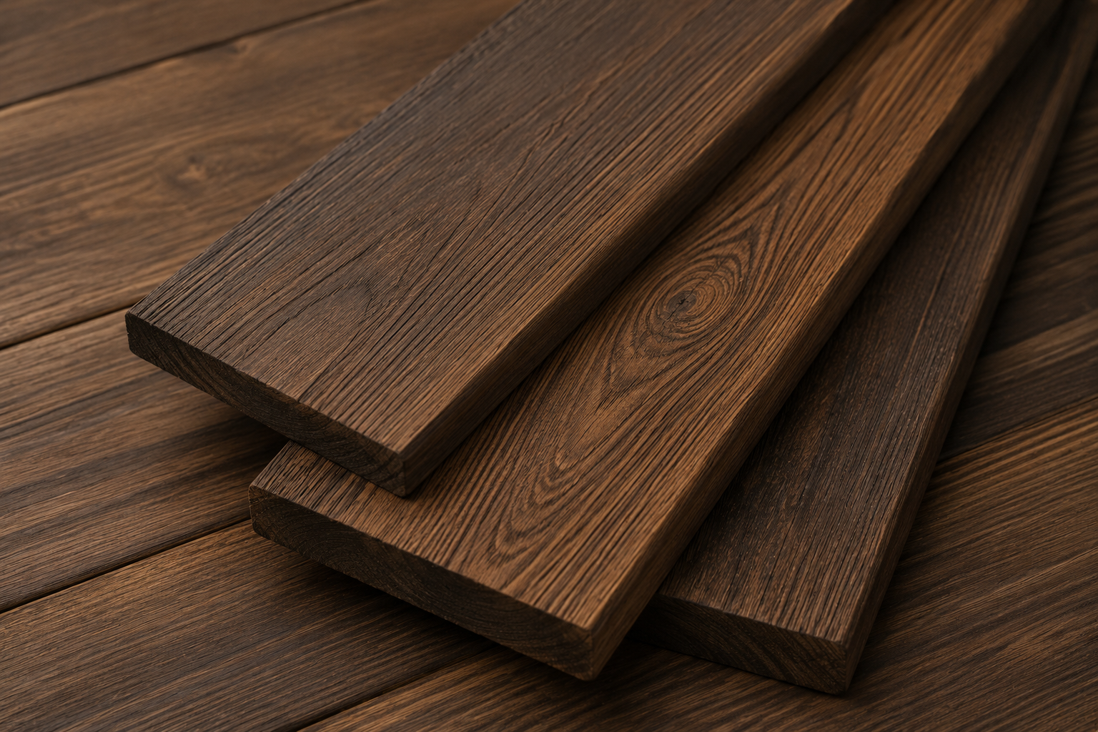 Planches de bois torréfié aux teintes brunes foncées