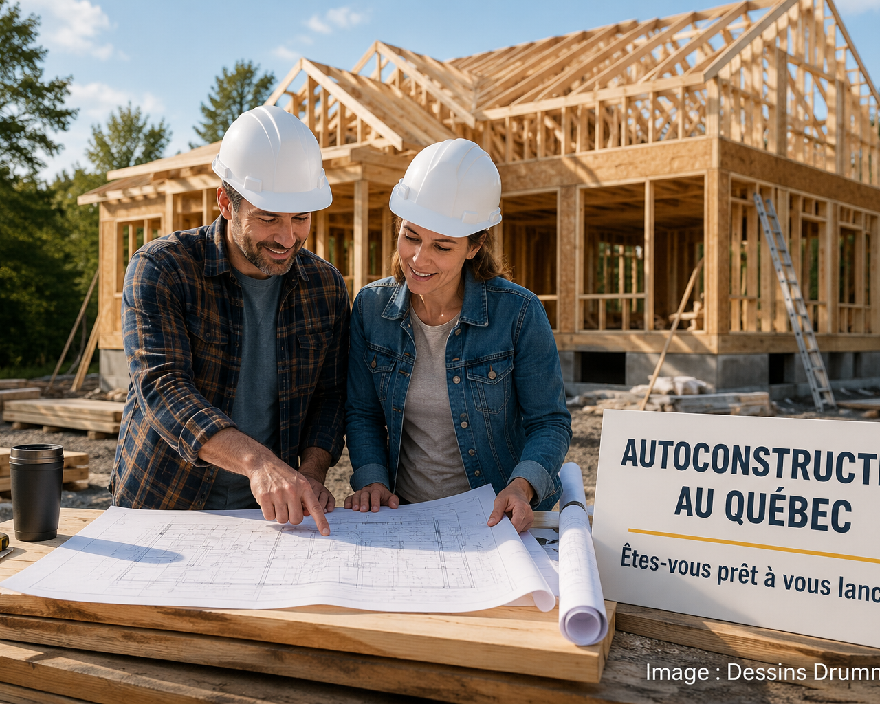 Couple consultant un plan de maison sur un chantier d’autoconstruction au Québec