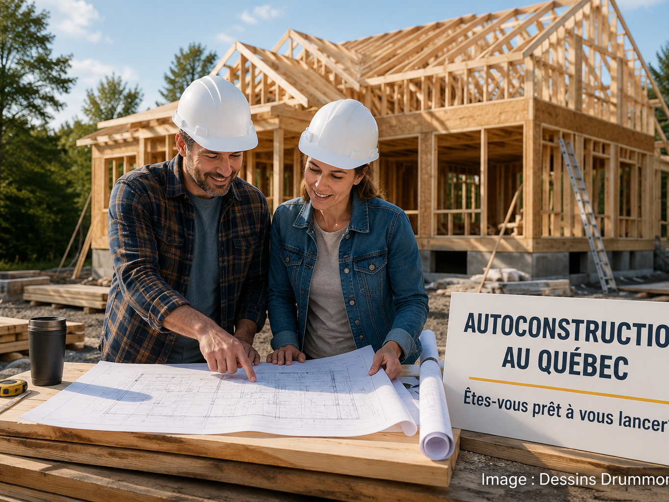 Couple consultant un plan de maison sur un chantier d’autoconstruction au Québec