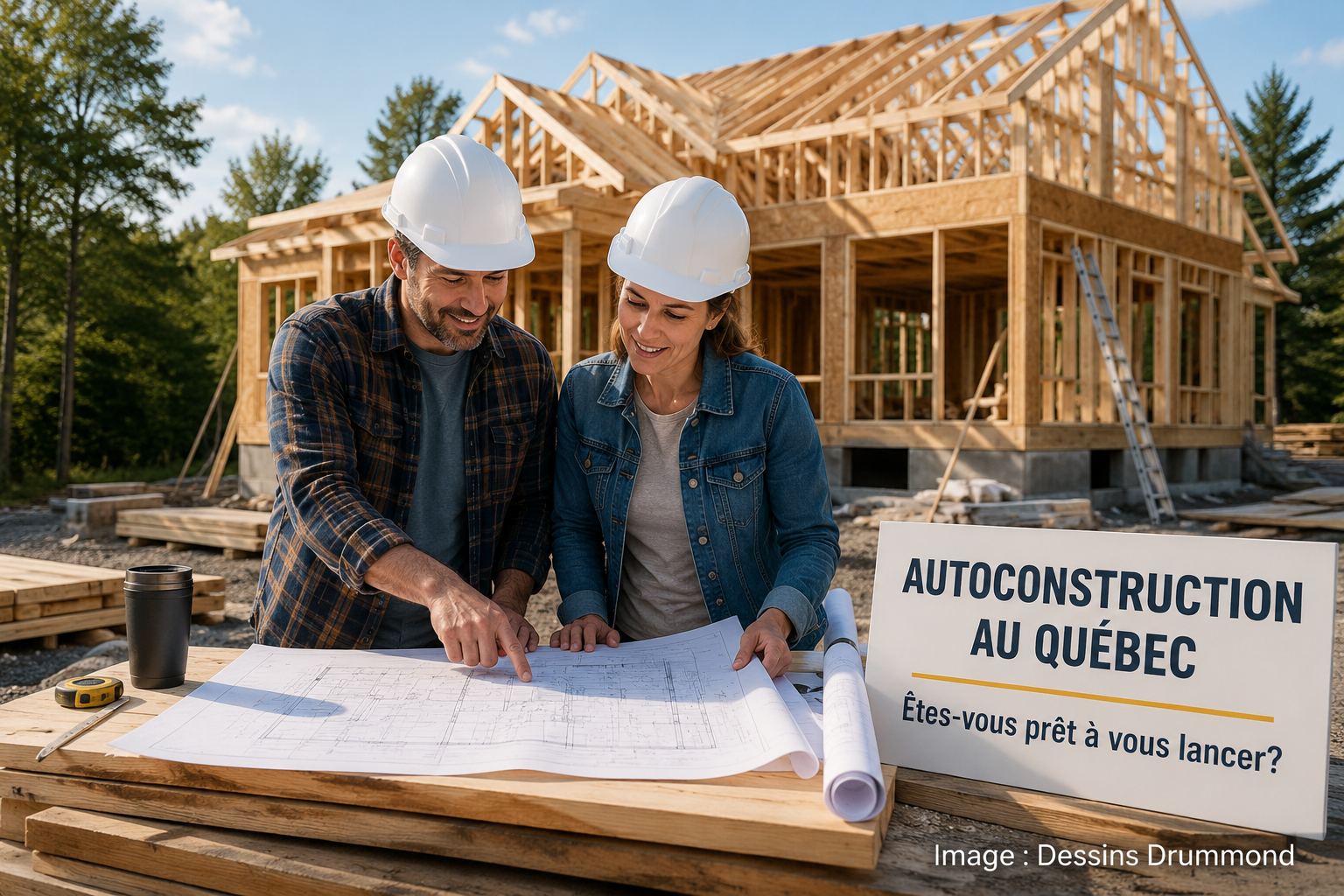 Couple consultant un plan de maison sur un chantier d’autoconstruction au Québec