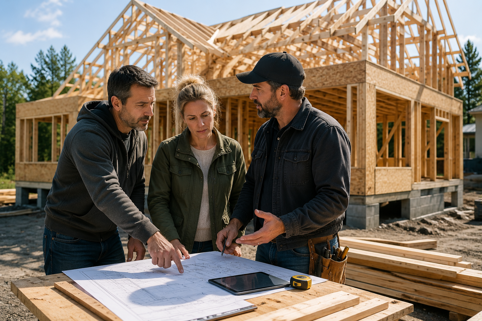 Couple discutant d’un plan de maison avec un entrepreneur spécialisé sur un chantier d’autoconstruction