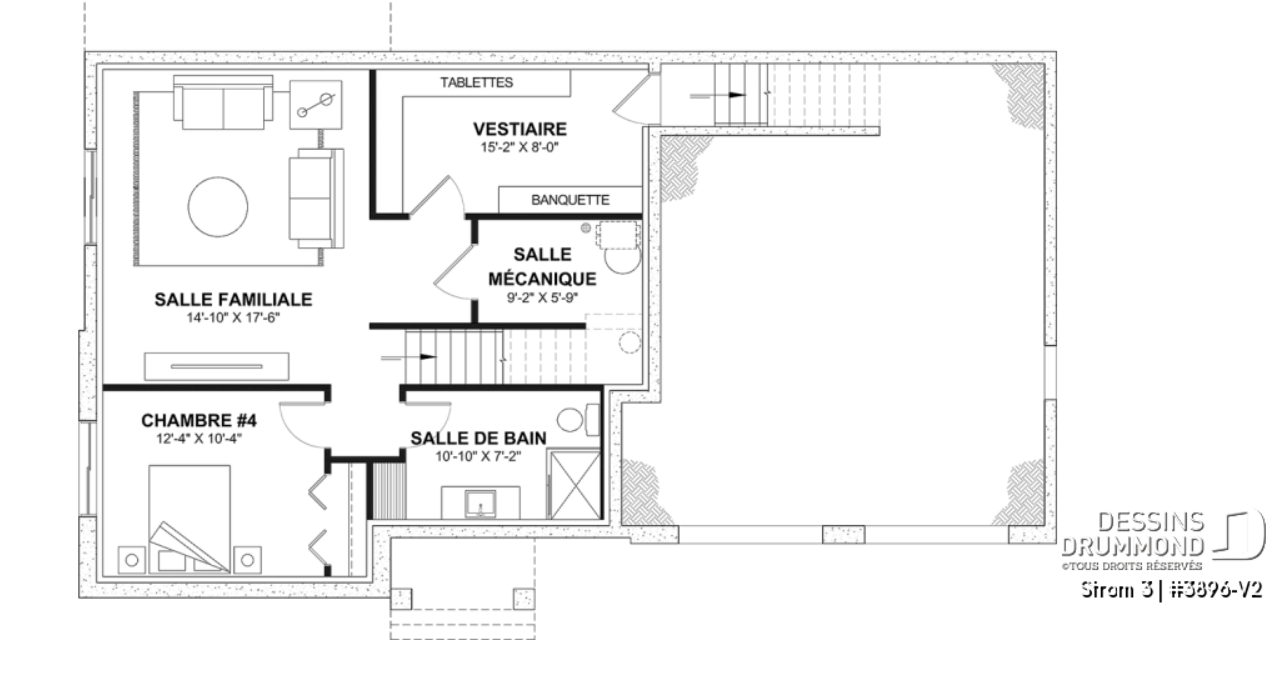 Plan de sous-sol aménagé en option du modèle Strom 3 de Dessins Drummond