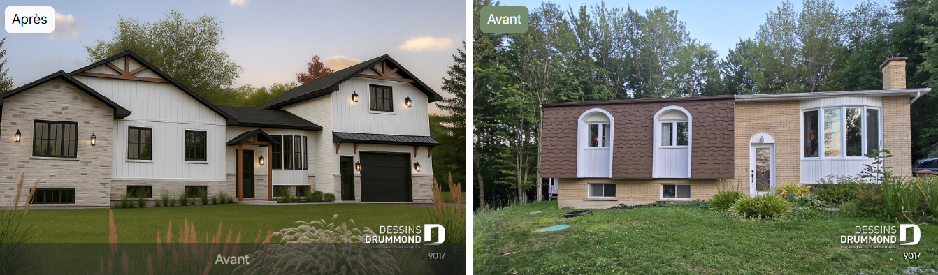 Rénovation de maison avant après avec agrandissement et ajout de garage – Dessins Drummond