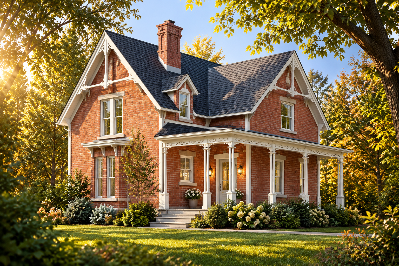 Plan de maison victorienne Ellinson #2586 avec façade en brique, pignons et galerie couverte